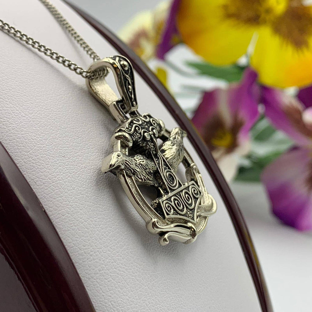 Thor's Hammer With Odin's Ravens Pendant *10k/14k/18k White, Yellow, Rose, Green Gold, Gold Plated & Silver* Viking Axe Charm Necklace Gift | Loni Design Group |   | Men's jewelery|Mens jewelery| Men's pendants| men's necklace|mens Pendants| skull jewelry|Ladies Jewellery| Ladies pendants|ladies skull ring| skull wedding ring| Snake jewelry| gold| silver| Platnium|