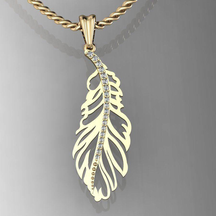 Fanciful Feather Pendant *Moissanite With 10k/14k/18k White, Yellow, Rose Green Gold, Gold Plated & Silver* Bird Animal Wing Charm Necklace | Loni Design Group |   | Men's jewelery|Mens jewelery| Men's pendants| men's necklace|mens Pendants| skull jewelry|Ladies Jewellery| Ladies pendants|ladies skull ring| skull wedding ring| Snake jewelry| gold| silver| Platnium|