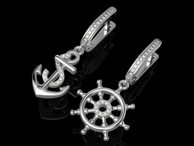 Ships Ahoy Anchor and Wheel Earrings *Moissanite With 10k/14k/18k White, Yellow, Rose, Green Gold, Gold Plated & Silver* Boat Sail Women | Loni Design Group |   | Men's jewelery|Mens jewelery| Men's pendants| men's necklace|mens Pendants| skull jewelry|Ladies Jewellery| Ladies pendants|ladies skull ring| skull wedding ring| Snake jewelry| gold| silver| Platnium|