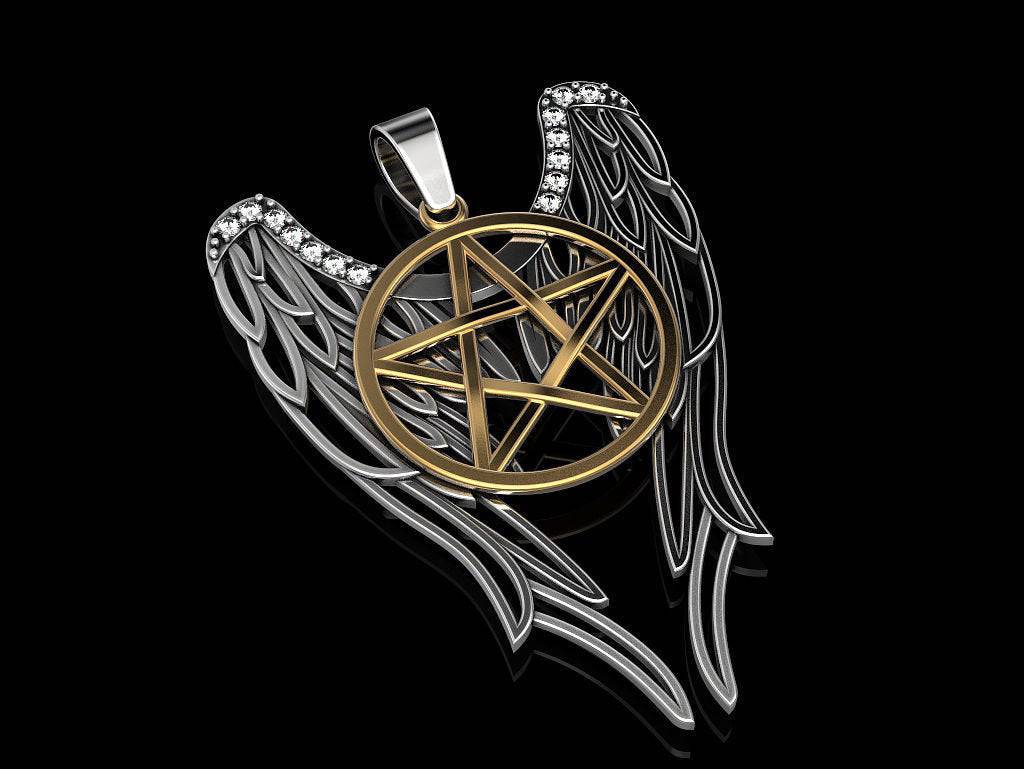 Protection Pentagram Pendant *Moissanite With 10k/14k/18k White, Yellow, Rose Green Gold, Gold Plated & Silver* Wing Witch Wicca Punk Magic | Loni Design Group |   | Men's jewelery|Mens jewelery| Men's pendants| men's necklace|mens Pendants| skull jewelry|Ladies Jewellery| Ladies pendants|ladies skull ring| skull wedding ring| Snake jewelry| gold| silver| Platnium|