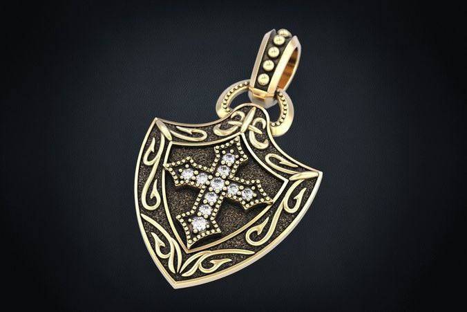 Holy Cross Shield Pendant *Moissanite With 10k/14k/18k White, Yellow, Rose, Green Gold, Gold Plated & Silver* Crucifix Jesus Charm Charm | Loni Design Group |   | Men's jewelery|Mens jewelery| Men's pendants| men's necklace|mens Pendants| skull jewelry|Ladies Jewellery| Ladies pendants|ladies skull ring| skull wedding ring| Snake jewelry| gold| silver| Platnium|