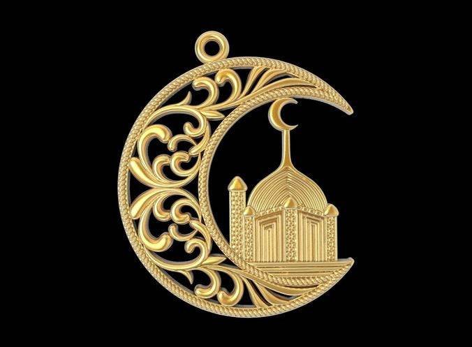 Crescent Moon And Mosque Islamic Pendant *10k/14k/18k White, Yellow, Rose, Green Gold, Gold Plated & Silver* Religion Charm Necklace Gift | Loni Design Group |   | Men's jewelery|Mens jewelery| Men's pendants| men's necklace|mens Pendants| skull jewelry|Ladies Jewellery| Ladies pendants|ladies skull ring| skull wedding ring| Snake jewelry| gold| silver| Platnium|