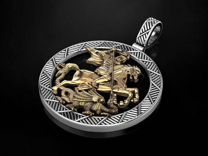 Saint George And The Dragon Pendant *10k/14k/18k White, Yellow, Rose, Green Gold, Gold Plated & Silver* Church Christ Charm Necklace Gift | Loni Design Group |   | Men's jewelery|Mens jewelery| Men's pendants| men's necklace|mens Pendants| skull jewelry|Ladies Jewellery| Ladies pendants|ladies skull ring| skull wedding ring| Snake jewelry| gold| silver| Platnium|