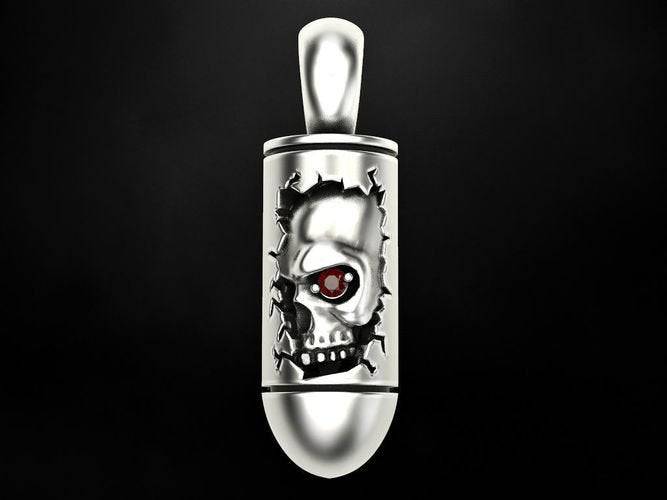 Death Shot Bullet Pendant *Synthetic Ruby With 10k/14k/18k White, Yellow, Rose, Green Gold, Gold Plated & Silver* Skull Gun Ammo Biker Punk | Loni Design Group |   | Men's jewelery|Mens jewelery| Men's pendants| men's necklace|mens Pendants| skull jewelry|Ladies Jewellery| Ladies pendants|ladies skull ring| skull wedding ring| Snake jewelry| gold| silver| Platnium|