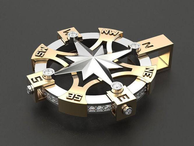 Champlain Compass Pendant *1.49 Carat Moissanite With 10k/14k/18k White, Yellow, Rose, Green Gold, Gold Plated & Silver* Boat Ship Sail Sea | Loni Design Group |   | Men's jewelery|Mens jewelery| Men's pendants| men's necklace|mens Pendants| skull jewelry|Ladies Jewellery| Ladies pendants|ladies skull ring| skull wedding ring| Snake jewelry| gold| silver| Platnium|