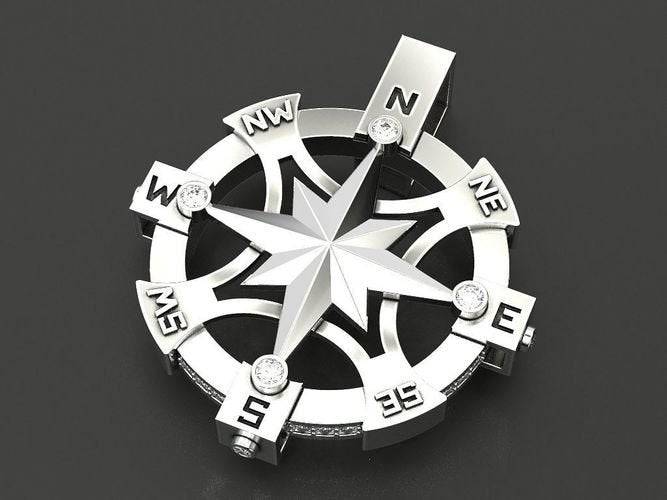 Champlain Compass Pendant *1.49 Carat Moissanite With 10k/14k/18k White, Yellow, Rose, Green Gold, Gold Plated & Silver* Boat Ship Sail Sea | Loni Design Group |   | Men's jewelery|Mens jewelery| Men's pendants| men's necklace|mens Pendants| skull jewelry|Ladies Jewellery| Ladies pendants|ladies skull ring| skull wedding ring| Snake jewelry| gold| silver| Platnium|