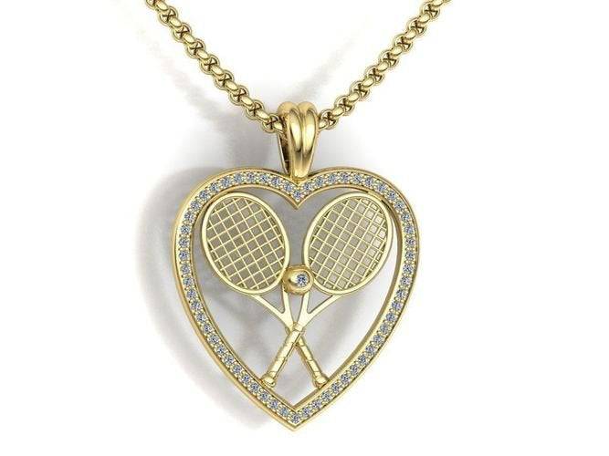 Match Point Tennis Pendant *10k/14k/18k White, Yellow, Rose, Green Gold, 22k Gold Plated & Silver* Sport Racket Ball Heart Charm Necklace | Loni Design Group |   | Men's jewelery|Mens jewelery| Men's pendants| men's necklace|mens Pendants| skull jewelry|Ladies Jewellery| Ladies pendants|ladies skull ring| skull wedding ring| Snake jewelry| gold| silver| Platnium|
