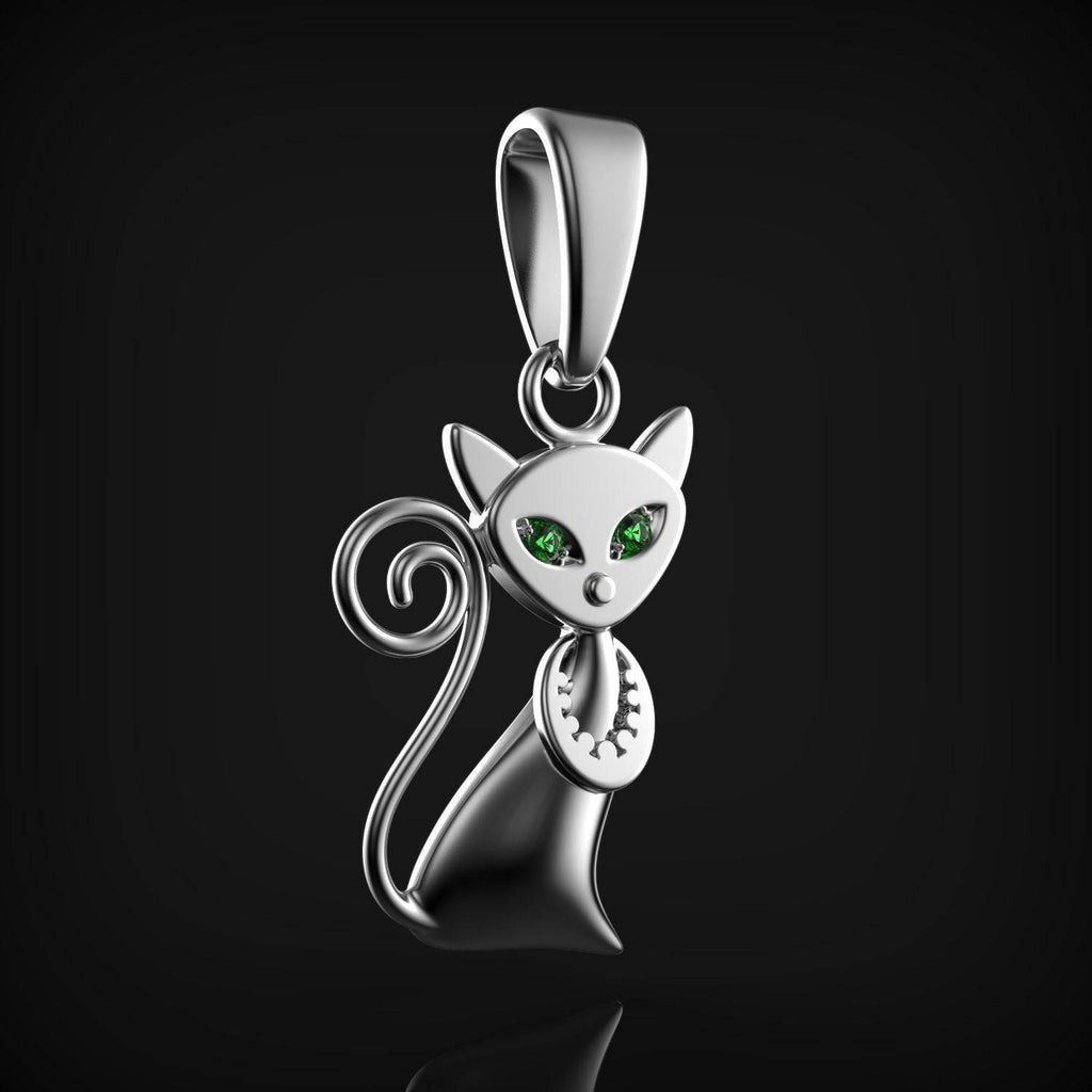 Katy Purry Cat Pendant *Synthetic Emerald with 10k/14k/18k White, Yellow, Rose, Green Gold, Gold Plated & Silver* Animal Kitten Pet Charm | Loni Design Group |   | Men's jewelery|Mens jewelery| Men's pendants| men's necklace|mens Pendants| skull jewelry|Ladies Jewellery| Ladies pendants|ladies skull ring| skull wedding ring| Snake jewelry| gold| silver| Platnium|