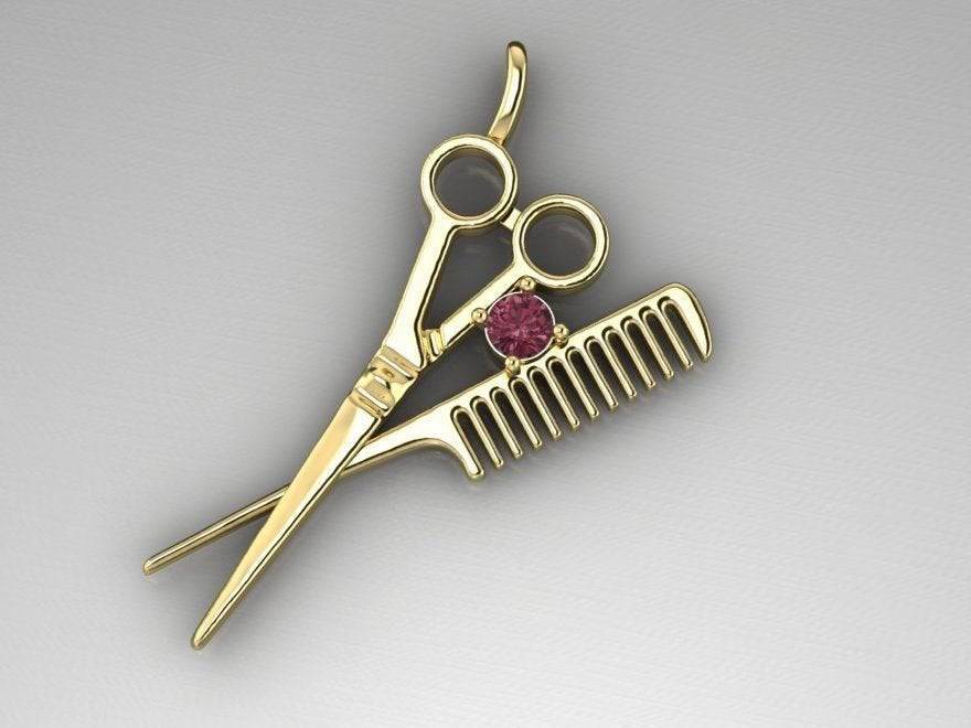 Barber Shop Pendant *Synthetic Ruby With 10k/14k/18k White, Yellow, Rose Green Gold, Gold Plated & Silver* Scissor Comb Hair Charm Necklace | Loni Design Group |   | Men's jewelery|Mens jewelery| Men's pendants| men's necklace|mens Pendants| skull jewelry|Ladies Jewellery| Ladies pendants|ladies skull ring| skull wedding ring| Snake jewelry| gold| silver| Platnium|