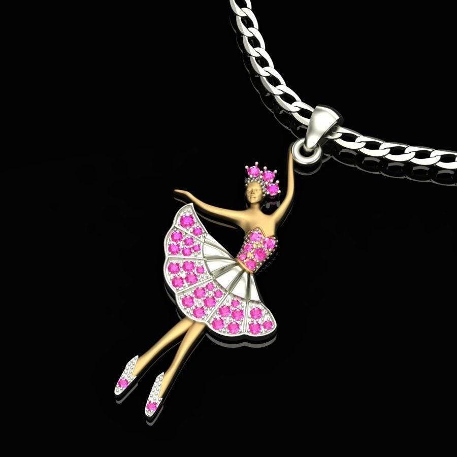 Leora Ballerina Pendant *Synthetic Stones With 10k/14k/18k White, Yellow, Rose, Green Gold, Gold Plated & Silver* Dance Charm Necklace Girl | Loni Design Group |   | Men's jewelery|Mens jewelery| Men's pendants| men's necklace|mens Pendants| skull jewelry|Ladies Jewellery| Ladies pendants|ladies skull ring| skull wedding ring| Snake jewelry| gold| silver| Platnium|