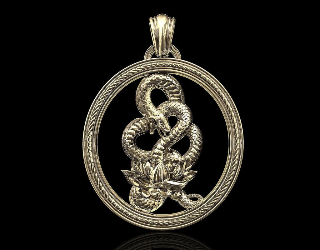 Snake And Lotus Pendant *10k/14k/18k White, Yellow, Rose, Green Gold, Gold Plated & Silver* Animal Flower Biker Punk Gothic Charm Necklace | Loni Design Group |   | Men's jewelery|Mens jewelery| Men's pendants| men's necklace|mens Pendants| skull jewelry|Ladies Jewellery| Ladies pendants|ladies skull ring| skull wedding ring| Snake jewelry| gold| silver| Platnium|