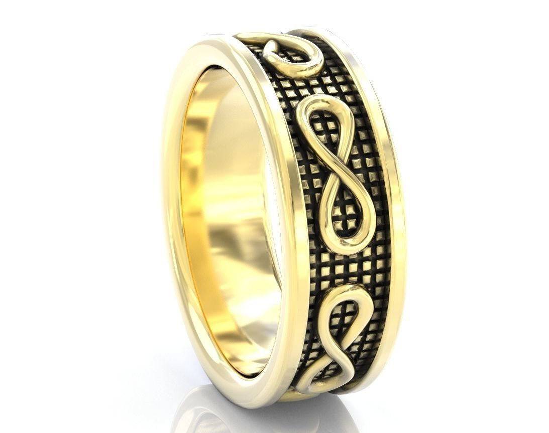 Wedding Band - Men's Infinity Engraved Wedding Ring 7 mm 14K White Gold