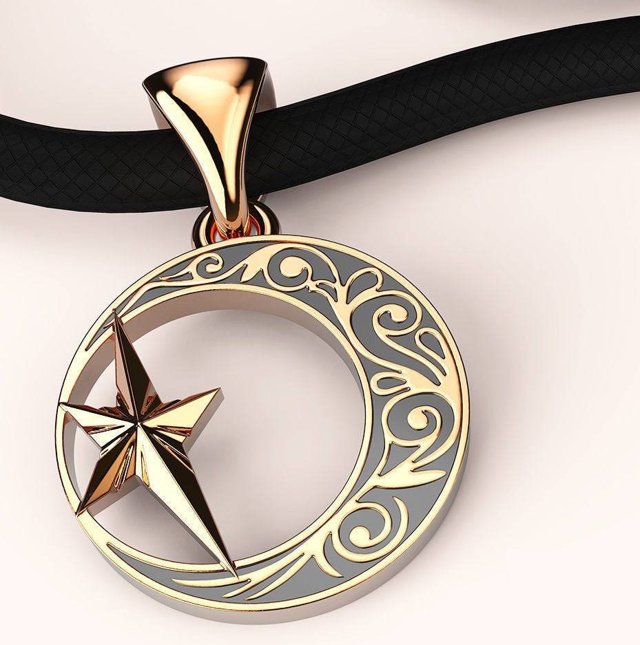 Star And Crescent Islamic Pendant *10k/14k/18k White, Yellow, Rose, Green Gold, Gold Plated & Silver* Muslim Islam God Charm Necklace Gift | Loni Design Group |   | Men's jewelery|Mens jewelery| Men's pendants| men's necklace|mens Pendants| skull jewelry|Ladies Jewellery| Ladies pendants|ladies skull ring| skull wedding ring| Snake jewelry| gold| silver| Platnium|