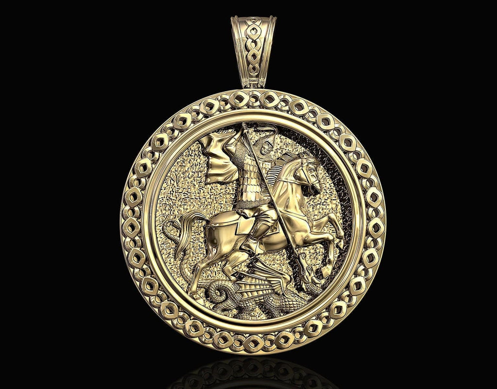 Patron St George Pendant *10k/14k/18k White, Yellow, Rose, Green Gold, Gold Plated & Silver* Dragon Christianity Jesus Charm Necklace Gift | Loni Design Group |   | Men's jewelery|Mens jewelery| Men's pendants| men's necklace|mens Pendants| skull jewelry|Ladies Jewellery| Ladies pendants|ladies skull ring| skull wedding ring| Snake jewelry| gold| silver| Platnium|