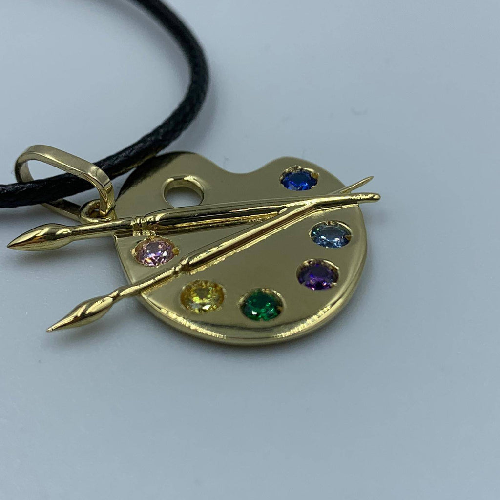 Artist Paint Palette Pendant *Synthetic Stones With 10k/14k/18k White, Yellow, Rose, Green Gold, Gold Plated & Silver* Art Brush Charm Gift | Loni Design Group |   | Men's jewelery|Mens jewelery| Men's pendants| men's necklace|mens Pendants| skull jewelry|Ladies Jewellery| Ladies pendants|ladies skull ring| skull wedding ring| Snake jewelry| gold| silver| Platnium|