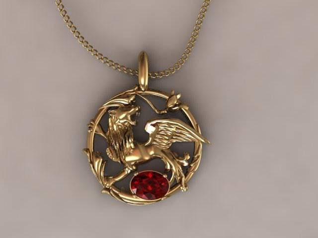 Winged Lion Pendant *Synthetic Ruby With 10k/14k/18k White Yellow, Rose, Green Gold, Gold Plated & Silver* Myth Fantasy LARP Charm Necklace | Loni Design Group |   | Men's jewelery|Mens jewelery| Men's pendants| men's necklace|mens Pendants| skull jewelry|Ladies Jewellery| Ladies pendants|ladies skull ring| skull wedding ring| Snake jewelry| gold| silver| Platnium|