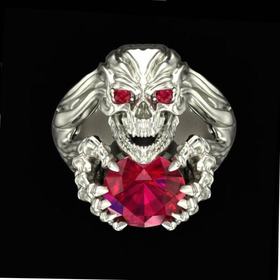 Custom Order For Jill - Hecate Skull Ring *Sterling Silver With White Gold Plating In Size 11 - Synthetic Rubies* | Loni Design Group |   | Men's jewelery|Mens jewelery| Men's pendants| men's necklace|mens Pendants| skull jewelry|Ladies Jewellery| Ladies pendants|ladies skull ring| skull wedding ring| Snake jewelry| gold| silver| Platnium|