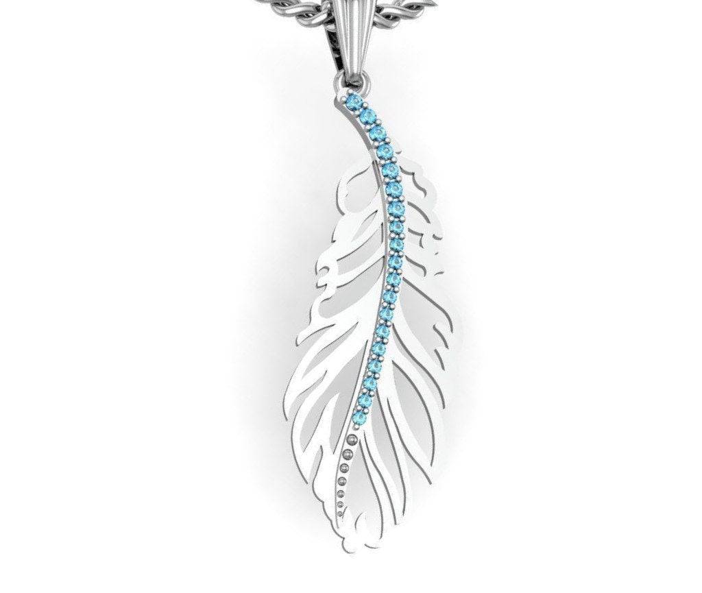 Custom Order For Joan - Fanciful Feather Pendant *14k White Gold With Alternating Ruby & Aquamarine - 14k White Gold 18" 1.80 mm Curb Chain* | Loni Design Group |   | Men's jewelery|Mens jewelery| Men's pendants| men's necklace|mens Pendants| skull jewelry|Ladies Jewellery| Ladies pendants|ladies skull ring| skull wedding ring| Snake jewelry| gold| silver| Platnium|