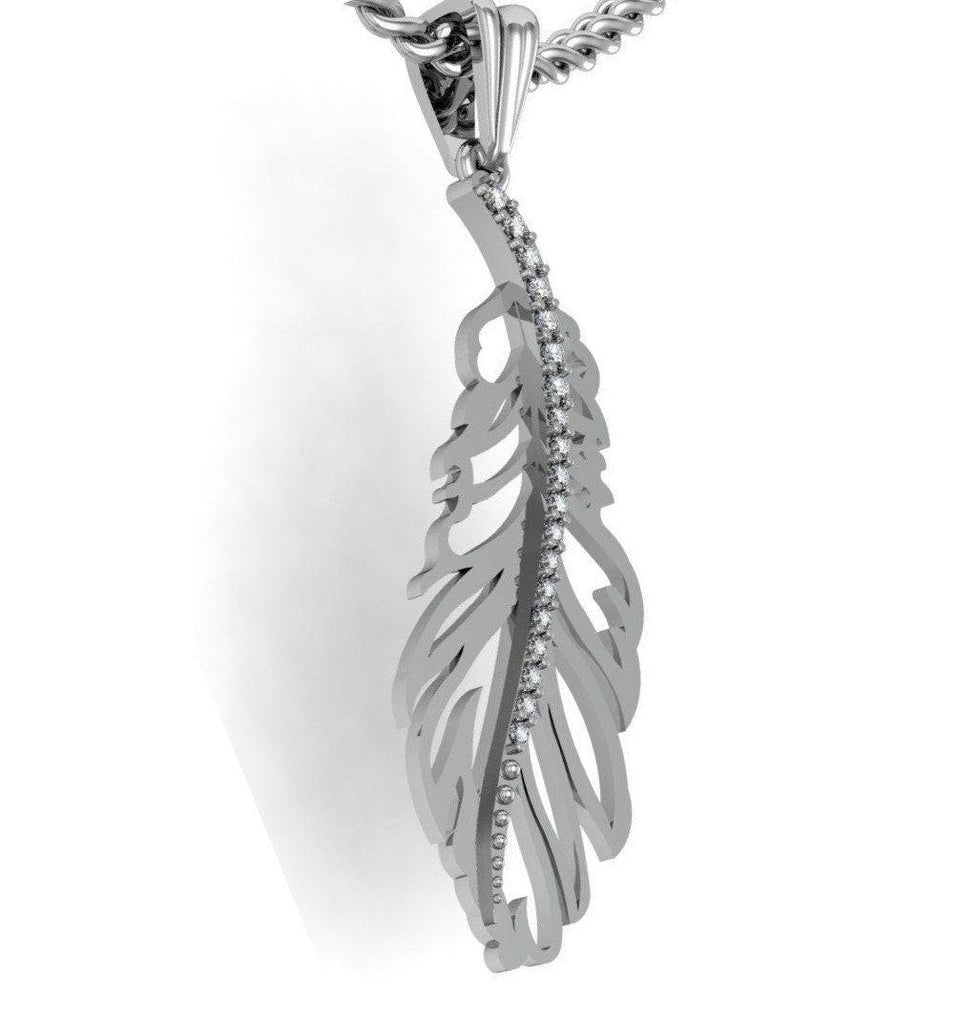 Custom Order For Joan - Fanciful Feather Pendant *14k White Gold With Alternating Ruby & Aquamarine - 14k White Gold 18" 1.80 mm Curb Chain* | Loni Design Group |   | Men's jewelery|Mens jewelery| Men's pendants| men's necklace|mens Pendants| skull jewelry|Ladies Jewellery| Ladies pendants|ladies skull ring| skull wedding ring| Snake jewelry| gold| silver| Platnium|