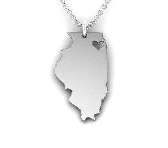 Love Illinois Pendant *10k/14k/18k White, Yellow Rose Green Gold, Gold Plated & Silver* USA America State City Chicago Heart Charm Necklace | Loni Design Group |   | Men's jewelery|Mens jewelery| Men's pendants| men's necklace|mens Pendants| skull jewelry|Ladies Jewellery| Ladies pendants|ladies skull ring| skull wedding ring| Snake jewelry| gold| silver| Platnium|
