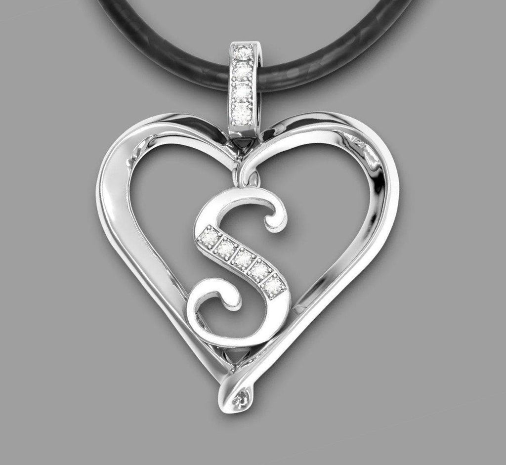 Love Letter S Pendant *Moissanite With 10k/14k/18k White, Yellow, Rose Green Gold, Gold Plated & Silver* Heart Monogram Name Charm Necklace | Loni Design Group |   | Men's jewelery|Mens jewelery| Men's pendants| men's necklace|mens Pendants| skull jewelry|Ladies Jewellery| Ladies pendants|ladies skull ring| skull wedding ring| Snake jewelry| gold| silver| Platnium|