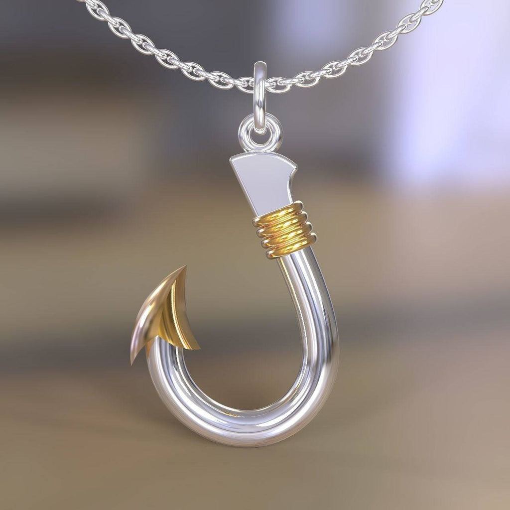 Perfect Cast Fishing Hook Pendant *10k/14k/18k White, Yellow, Rose, Green Gold and Silver* Fish Rod Fisherman Boat Ship Water Charm Necklace | Loni Design Group |   | Men's jewelery|Mens jewelery| Men's pendants| men's necklace|mens Pendants| skull jewelry|Ladies Jewellery| Ladies pendants|ladies skull ring| skull wedding ring| Snake jewelry| gold| silver| Platnium|