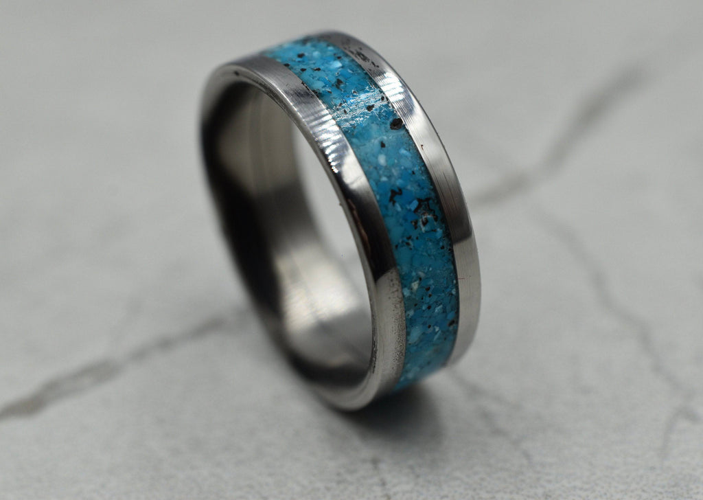 Crushed Turquoise - Stainless Steel Ring - Other Metals & Inserts Available - Wedding Band, Wedding Ring, Inlay, Thumb Ring, Men Man | Loni Design Group |   | Men's jewelery|Mens jewelery| Men's pendants| men's necklace|mens Pendants| skull jewelry|Ladies Jewellery| Ladies pendants|ladies skull ring| skull wedding ring| Snake jewelry| gold| silver| Platnium|