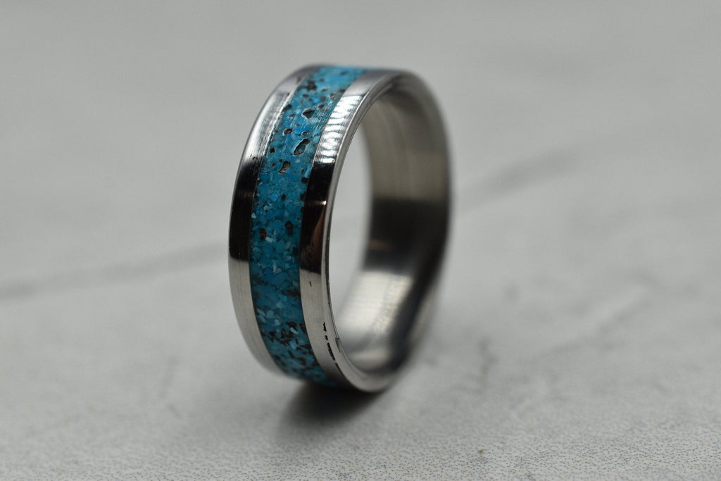 Crushed Turquoise - Stainless Steel Ring - Other Metals & Inserts Available - Wedding Band, Wedding Ring, Inlay, Thumb Ring, Men Man | Loni Design Group |   | Men's jewelery|Mens jewelery| Men's pendants| men's necklace|mens Pendants| skull jewelry|Ladies Jewellery| Ladies pendants|ladies skull ring| skull wedding ring| Snake jewelry| gold| silver| Platnium|