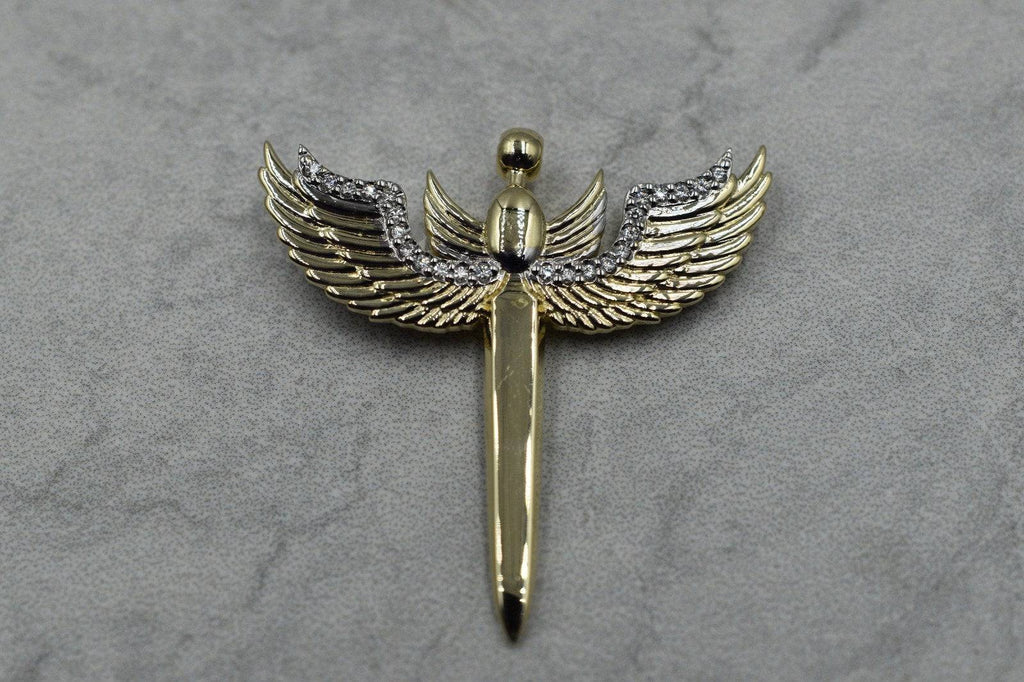 Archangel Michael's Sword Pendant *Moissanite With 10k/14k/18k White, Yellow, Rose, Green Gold, Gold Plated & Silver* Wing Charm Necklace | Loni Design Group |   | Men's jewelery|Mens jewelery| Men's pendants| men's necklace|mens Pendants| skull jewelry|Ladies Jewellery| Ladies pendants|ladies skull ring| skull wedding ring| Snake jewelry| gold| silver| Platnium|