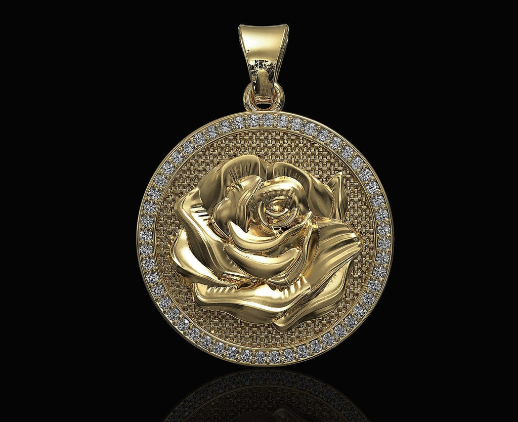 Castile Rose Pendant *Moissanite With 10k/14k/18k White, Yellow, Rose, Green Gold, Gold Plated & Flower Petal Nature Floral Charm Necklace | Loni Design Group |   | Men's jewelery|Mens jewelery| Men's pendants| men's necklace|mens Pendants| skull jewelry|Ladies Jewellery| Ladies pendants|ladies skull ring| skull wedding ring| Snake jewelry| gold| silver| Platnium|