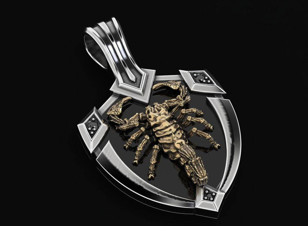 Scorpion Shield Pendant *10k/14k/18k White, Yellow, Rose, Green Gold, Gold Plated & Silver* Scorpio Astrology Punk Gothic Charm Necklace | Loni Design Group |   | Men's jewelery|Mens jewelery| Men's pendants| men's necklace|mens Pendants| skull jewelry|Ladies Jewellery| Ladies pendants|ladies skull ring| skull wedding ring| Snake jewelry| gold| silver| Platnium|