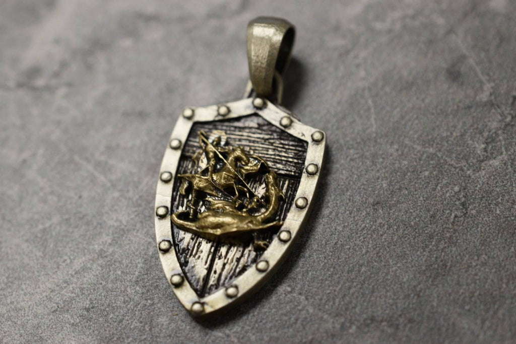 Saint George Shield Pendant *10k/14k/18k White, Yellow, Rose, Green Gold, Gold Plated & Silver* Dragon Church Christ Charm Necklace Gift | Loni Design Group |   | Men's jewelery|Mens jewelery| Men's pendants| men's necklace|mens Pendants| skull jewelry|Ladies Jewellery| Ladies pendants|ladies skull ring| skull wedding ring| Snake jewelry| gold| silver| Platnium|