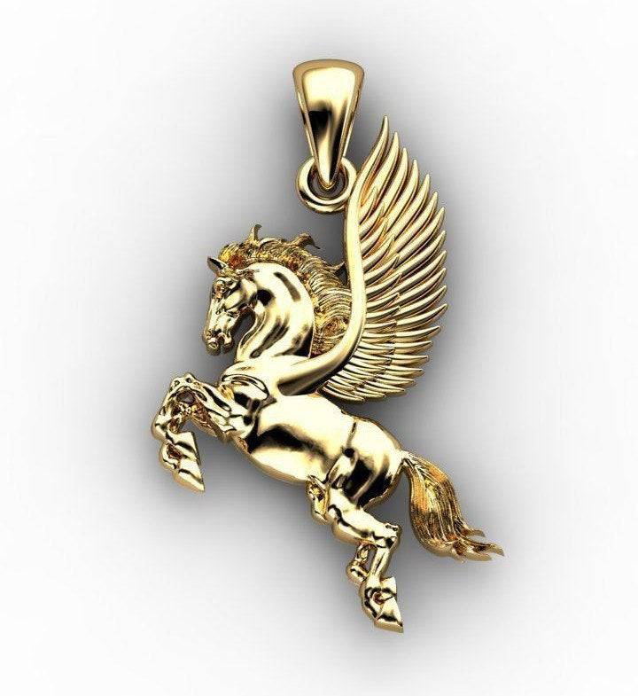 Brave Pegasus Pendant *10k/14k/18k White, Yellow, Rose, Green Gold, Gold Plated & Silver* Fantasy Mythical Winged Horse LARP Charm Necklace | Loni Design Group |   | Men's jewelery|Mens jewelery| Men's pendants| men's necklace|mens Pendants| skull jewelry|Ladies Jewellery| Ladies pendants|ladies skull ring| skull wedding ring| Snake jewelry| gold| silver| Platnium|