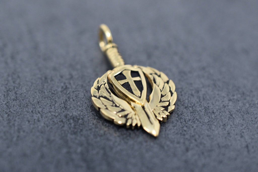 Rise Above Danger Sword Pendant *10k/14k/18k White, Yellow, Rose, Green Gold, Gold Plated & Silver* Weapon Blade Wing Cross Charm Necklace | Loni Design Group |   | Men's jewelery|Mens jewelery| Men's pendants| men's necklace|mens Pendants| skull jewelry|Ladies Jewellery| Ladies pendants|ladies skull ring| skull wedding ring| Snake jewelry| gold| silver| Platnium|