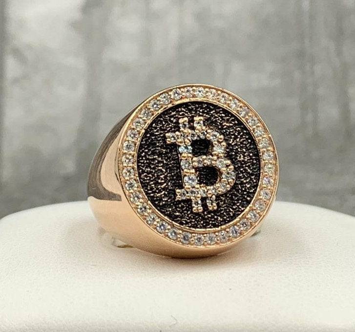 Bitcoin Bling Ring *0.53 Carat Moissanite With 10k/14k/18k White, Yellow, Rose Green Gold, Gold Plated & Silver* Crypto Currency Thumb Pinky | Loni Design Group |   | Men's jewelery|Mens jewelery| Men's pendants| men's necklace|mens Pendants| skull jewelry|Ladies Jewellery| Ladies pendants|ladies skull ring| skull wedding ring| Snake jewelry| gold| silver| Platnium|