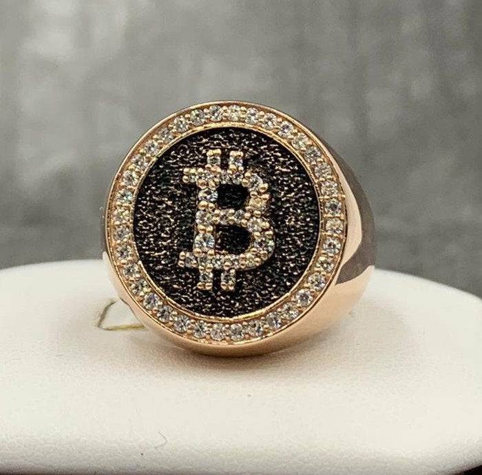 Bitcoin Bling Ring *0.53 Carat Moissanite With 10k/14k/18k White, Yellow, Rose Green Gold, Gold Plated & Silver* Crypto Currency Thumb Pinky | Loni Design Group |   | Men's jewelery|Mens jewelery| Men's pendants| men's necklace|mens Pendants| skull jewelry|Ladies Jewellery| Ladies pendants|ladies skull ring| skull wedding ring| Snake jewelry| gold| silver| Platnium|