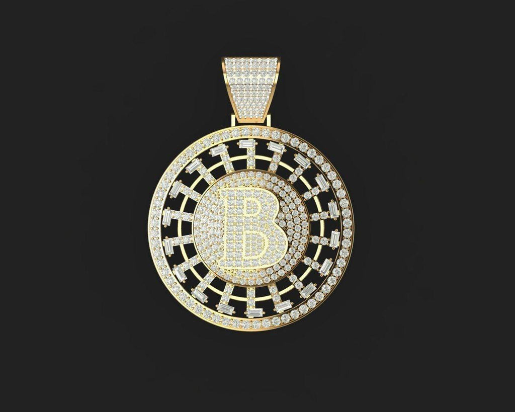 Bling Bitcoin Pendant *6.42 Carat Moissanite With 10k/14k/18k White, Yellow, Rose, Green Gold, Gold Plated & Silver* Crypto Charm Necklace | Loni Design Group |   | Men's jewelery|Mens jewelery| Men's pendants| men's necklace|mens Pendants| skull jewelry|Ladies Jewellery| Ladies pendants|ladies skull ring| skull wedding ring| Snake jewelry| gold| silver| Platnium|