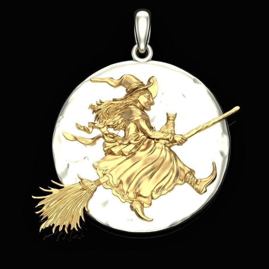 Agatha Witch Pendant *10k/14k/18k White, Yellow, Rose, Green Gold, Gold Plated & Silver* Magic Spell Broomstick Cat Moon Evil Charm Necklace | Loni Design Group |   | Men's jewelery|Mens jewelery| Men's pendants| men's necklace|mens Pendants| skull jewelry|Ladies Jewellery| Ladies pendants|ladies skull ring| skull wedding ring| Snake jewelry| gold| silver| Platnium|