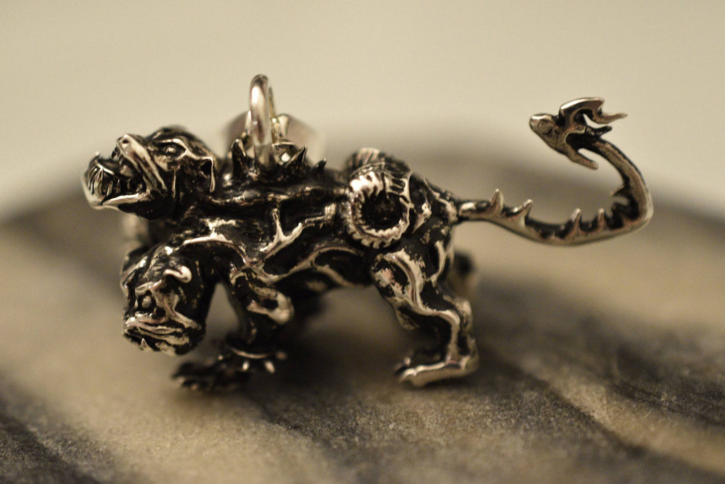 Cerberus Pendant *10k/14k/18k White, Yellow, Rose, Green Gold, Gold Plated & Silver* Hell Hound Dog Gothic Punk Biker Demon Charm Necklace | Loni Design Group |   | Men's jewelery|Mens jewelery| Men's pendants| men's necklace|mens Pendants| skull jewelry|Ladies Jewellery| Ladies pendants|ladies skull ring| skull wedding ring| Snake jewelry| gold| silver| Platnium|