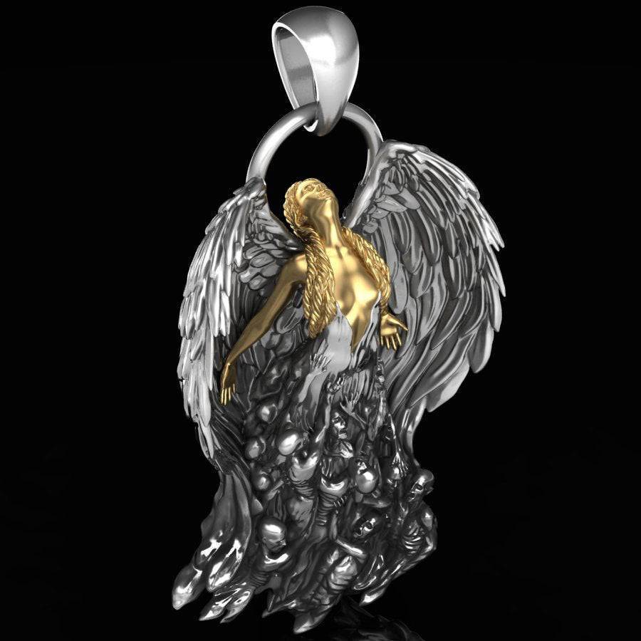 Escape From Hell Pendant *10k/14k/18k White, Yellow, Rose, Green Gold, Gold  Plated & Silver* Angel Skull Demon Jesus Love Charm Necklace